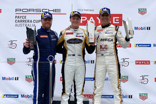 Three McElrea Racing drivers on the podium! Anthony Gilbertson, Cooper Murray and Warren Luff.