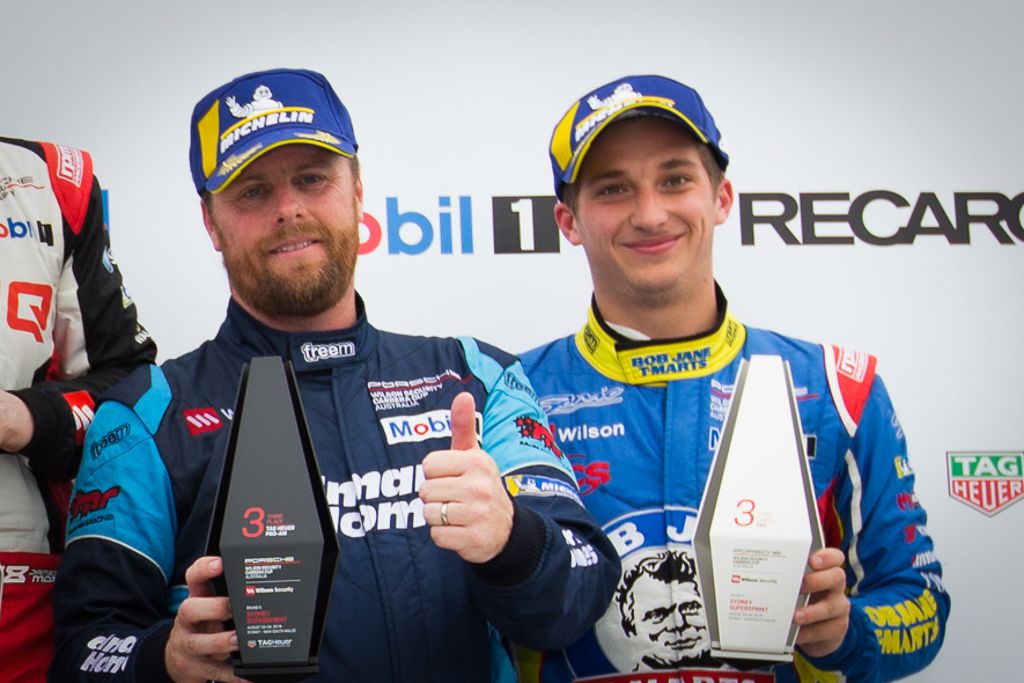 Fraser Ross on the podium at Sydney Motorsport Park for round 5 of the 2018 Porsche Carrera Cup