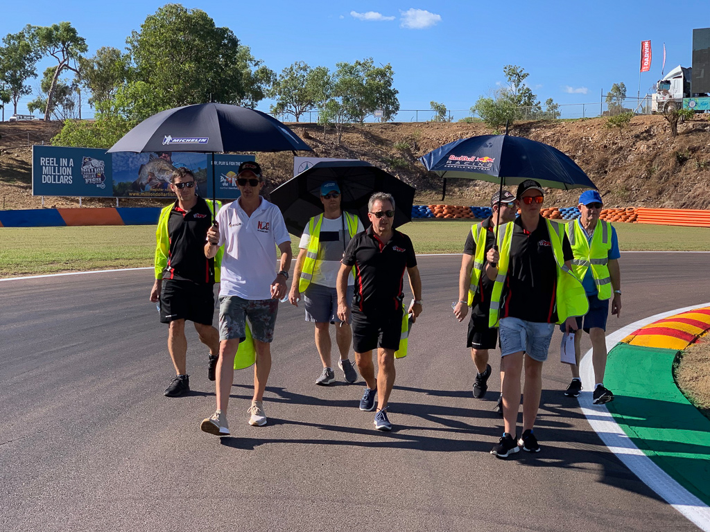 McElrea Racing drivers walk the circuit at Hidden Valley in Darwin