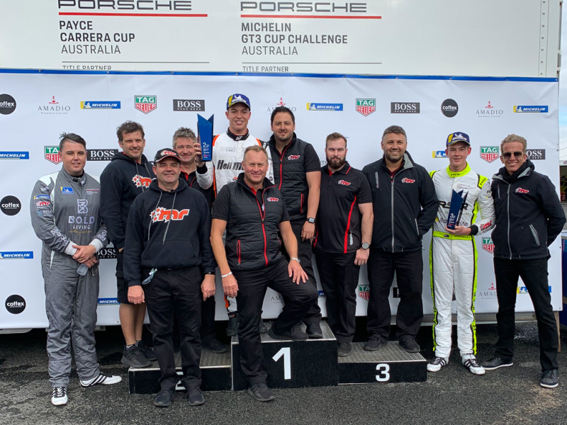 McElrea Racing drivers and crew on the podium at Symmons Plains Raceway 2019