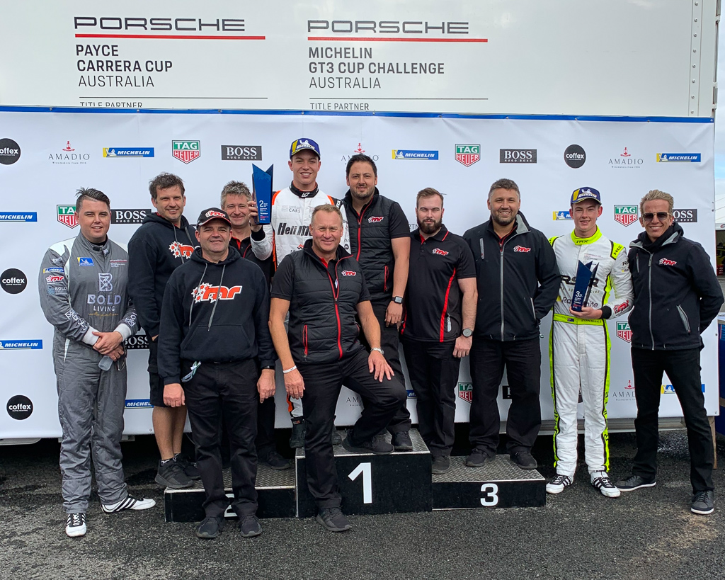 McElrea Racing drivers and crew on the podium at Symmons Plains Raceway 2019