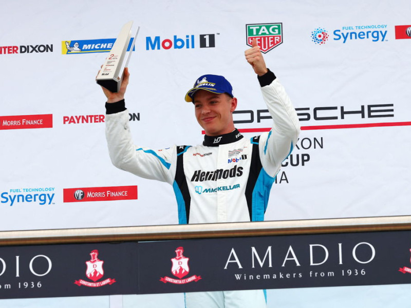 McElrea Racing driver Harri Jones #12 on the podium at The Bend Motorsport Park 2021