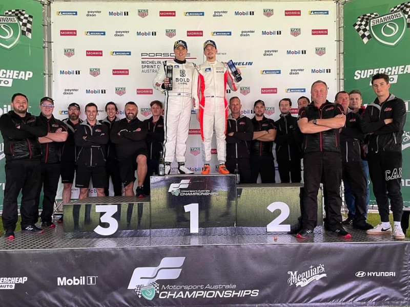 McElrea Racing drivers on the podium at The Bend Motorsport Park 2022