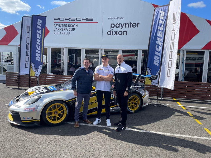 McElrea Racing driver Harri Jones #12 accepts the Porsche Michelin Junior award at Sandown International Raceway 2022
