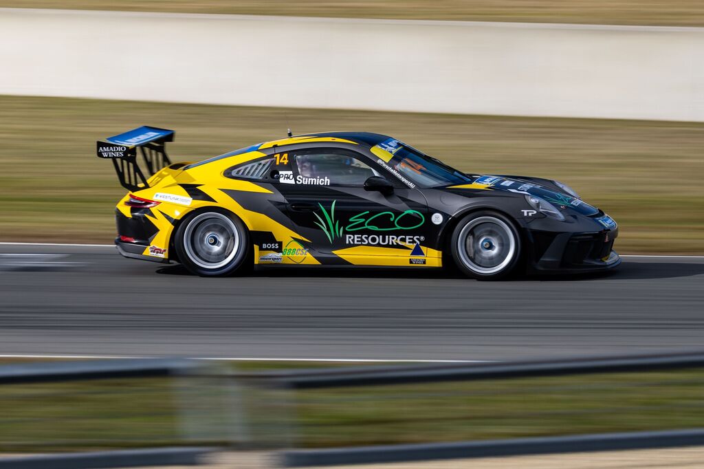 Caleb Sumich #14 racing at Symmons Plains Raceway 2023
