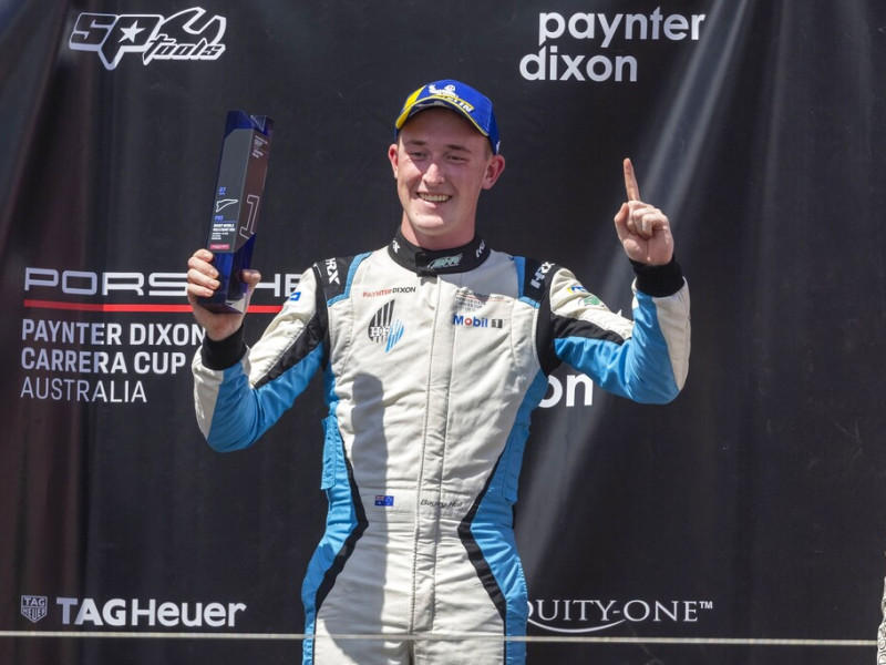 McElrea Racing driver Bayley Hall on the podium at Surfers Paradise Street Circuit 2023