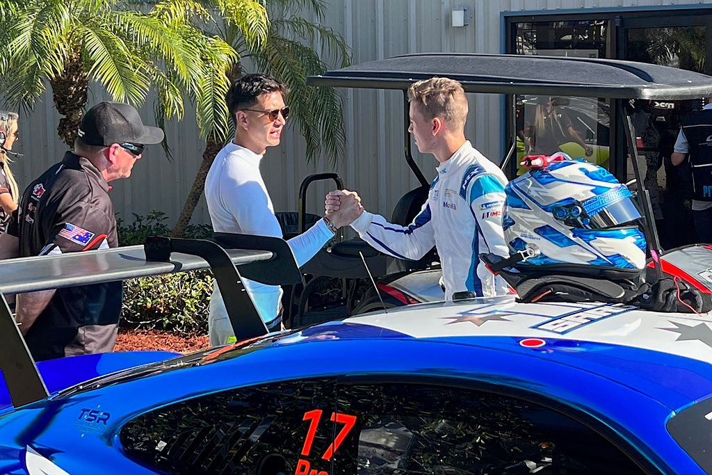 McElrea Racing drivers Jaxon evans and Tom Sargent meet at Sebring International Raceway 2023