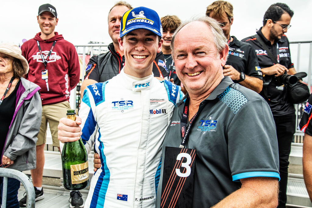 Tom Sargent #17 on the podium at Watkins Glen, New York 2023
