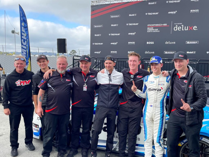 McElrea Racing drivers on the podium at Laguna Seca, California 2023