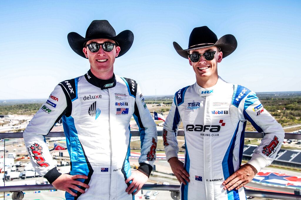 McElrea drivers Tom Sargent and Bayley Hall soak up the atmosphere at the Porsche Carrera Cup North America Round 7 at Circuit of the Americas Formula 1 2023