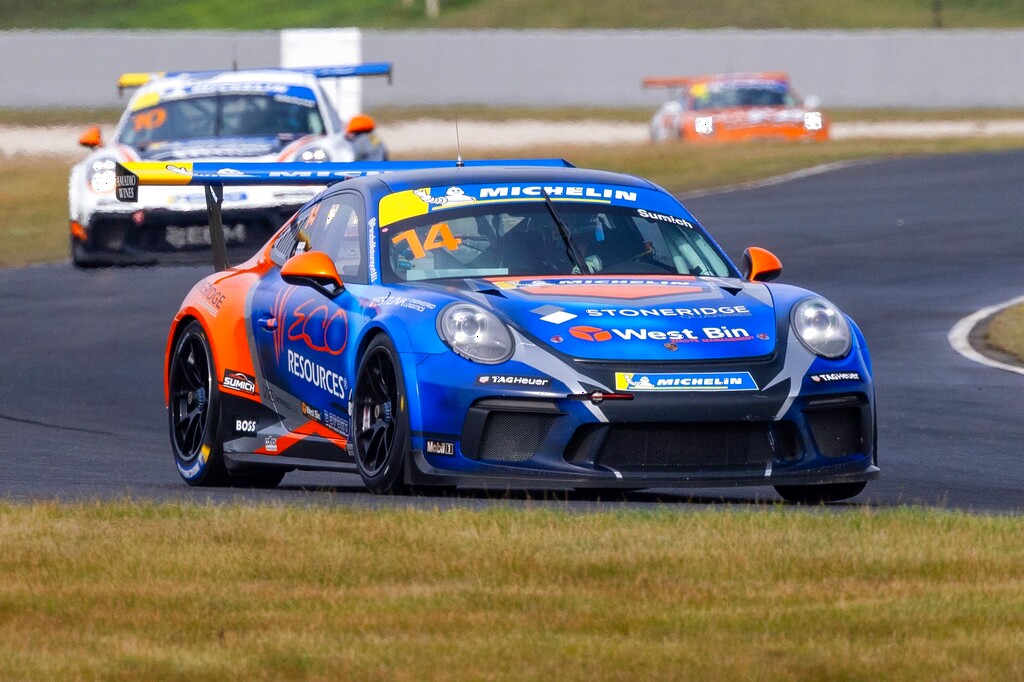Caleb Sumich #14 racing at Symmons Plains Raceway 2024