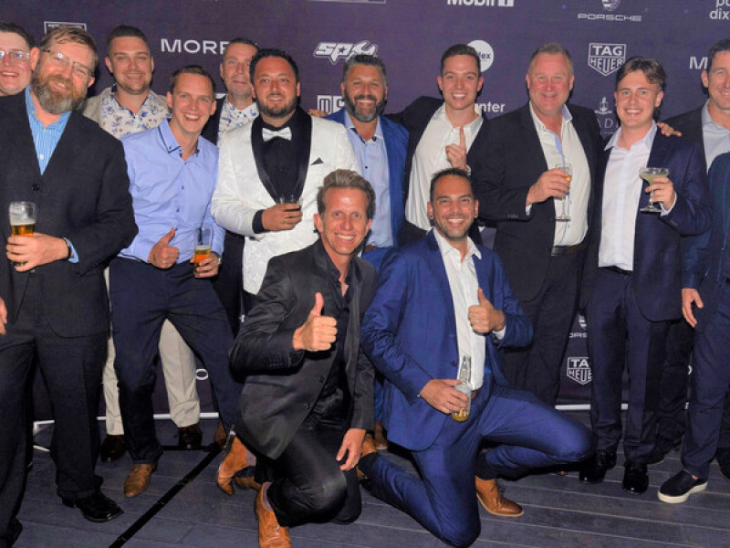 The MR team celebrating winning the Porsche Carrrera Cup Championship with Harri Jones at Surfers Paradise in 2022